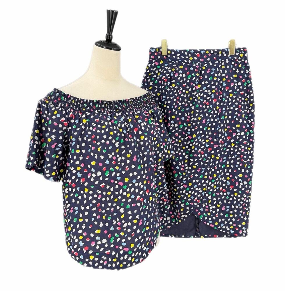 J. Crew 2 Piece Navy Spotted 100% Cotton Boho Chic Multicolor Top and Skirt Set